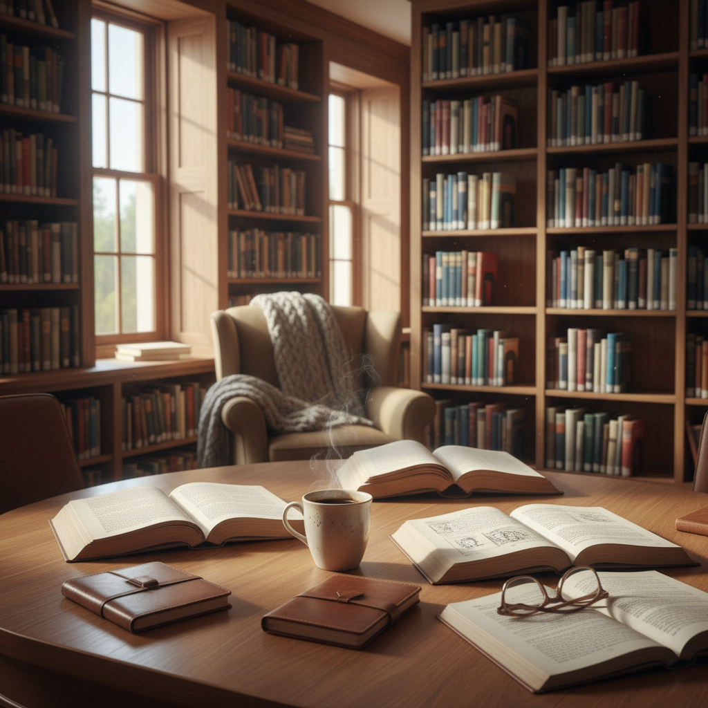 Bibliothèque lumineuse avec livres ouverts sur une table en bois, carnets de notes et une tasse de café, illustrant un espace de lecture et d'apprentissage calme