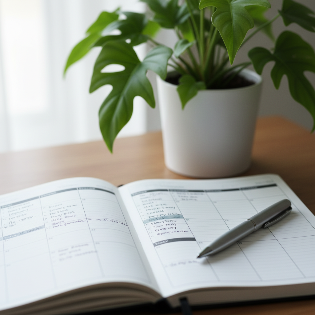 Agenda ouvert avec planification hebdomadaire, stylo posé dessus et plante verte en arrière-plan, symbolisant l'organisation et la construction progressive d'habitudes saines