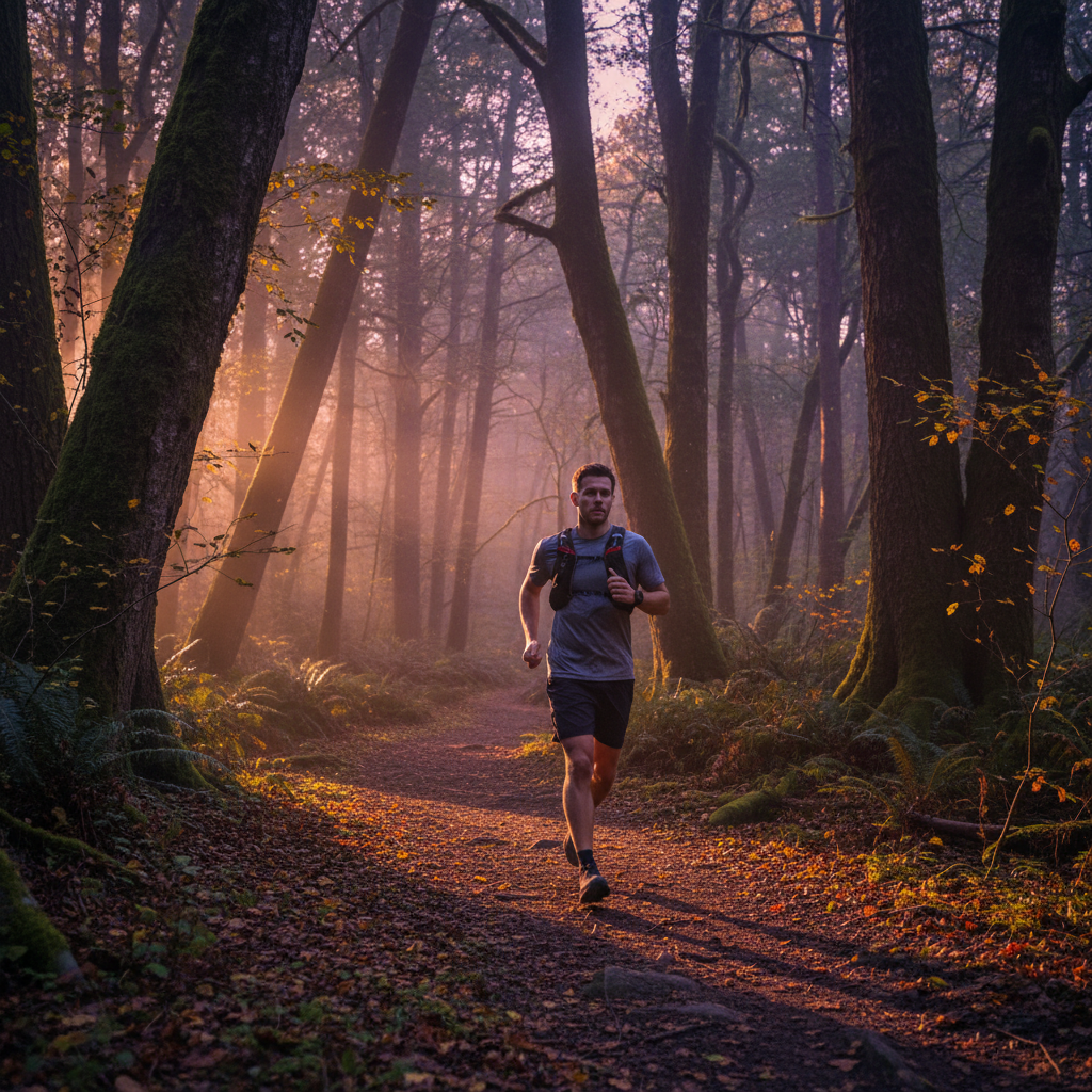 Homme en course à pied sur un sentier forestier au crépuscule, entouré d'arbres aux tons dorés, illustrant l'engagement régulier dans une activité physique en plein air