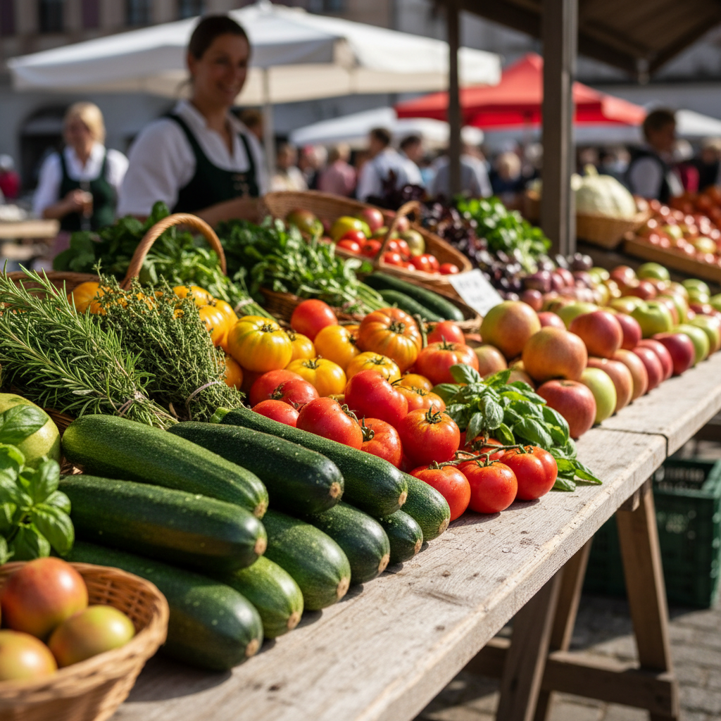 Marché de fruits et légumes frais de saison en Suisse : courgettes, tomates, herbes aromatiques et pommes, disposés avec soin sur une table en bois