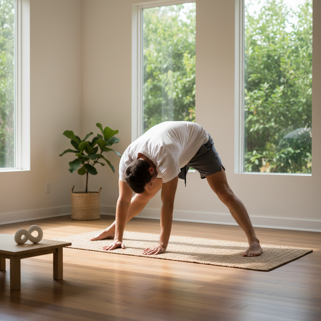 Homme effectuant des étirements matinaux sur un tapis dans un espace calme et lumineux, symbole d'une routine physique régulière et progressive